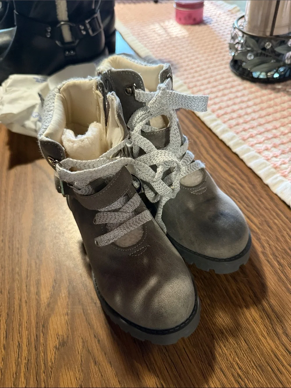 Girls size 13 Gray Faux-Fur Lined Lace-Up Boots
